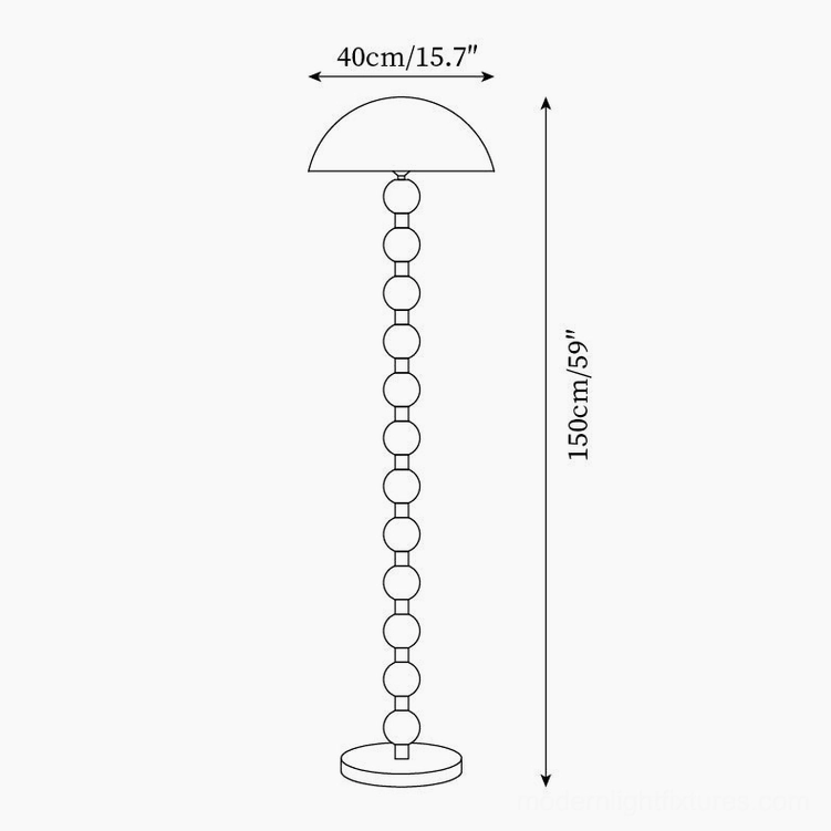 Technical dimension schematic of beaded wood floor lamp - 40cm width 150cm height