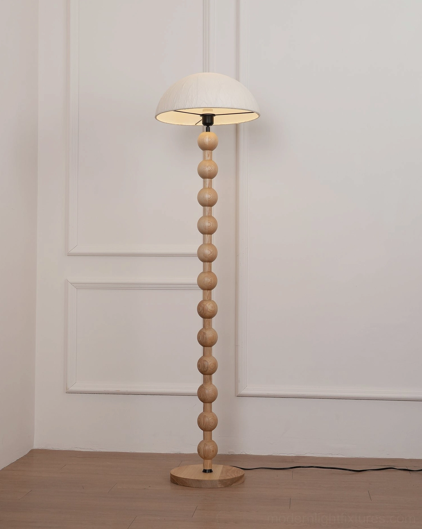 Modern beaded wooden floor lamp foot switch control detail