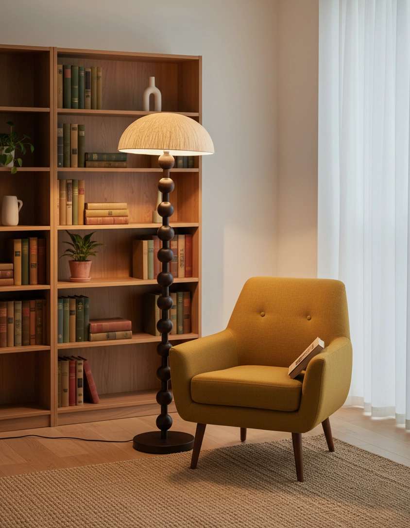 Modern wood bead floor lamp in home library beside bookshelf and mustard armchair