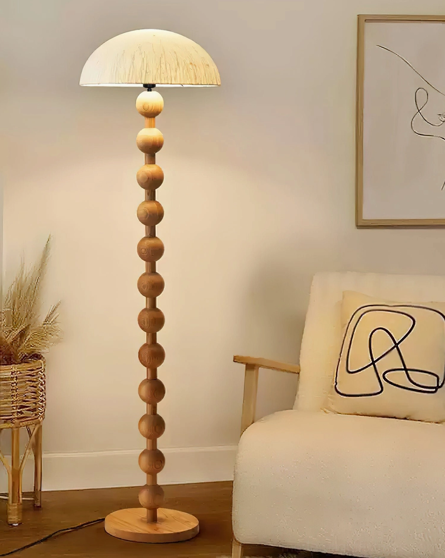 Modern beaded floor lamp in living room interior - warm wood tones with neutral decor