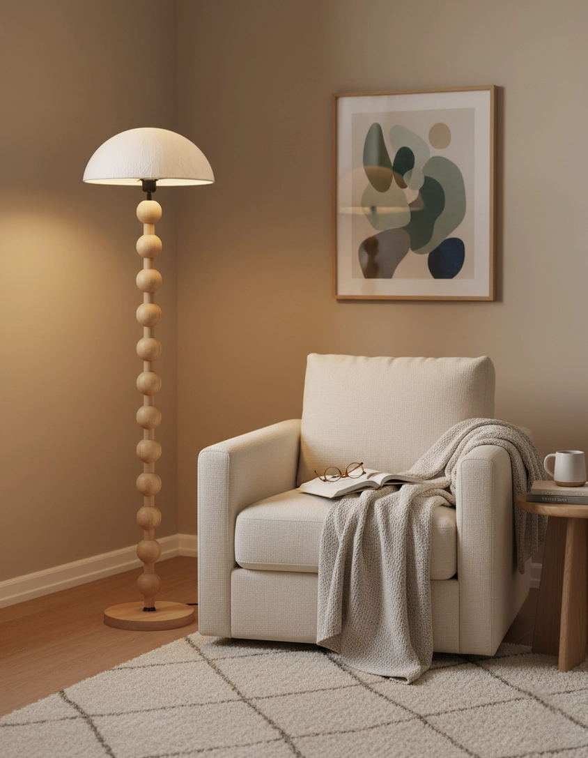 Natural wood stacked bead floor lamp white shade cozy armchair corner wabi-sabi