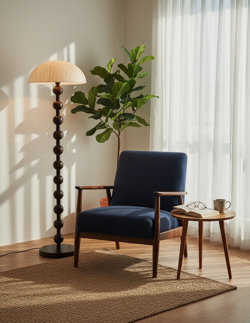 Beaded floor lamp in sunlit reading corner beside navy accent chair