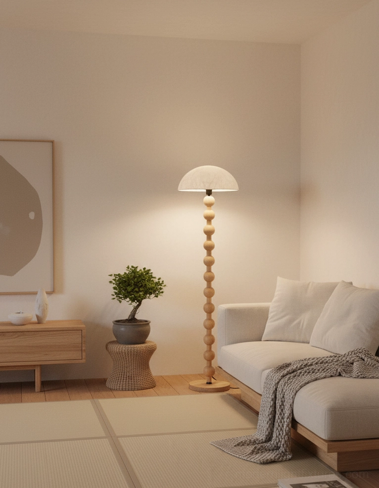 Modern beaded floor lamp three-quarter view sculptural wood base