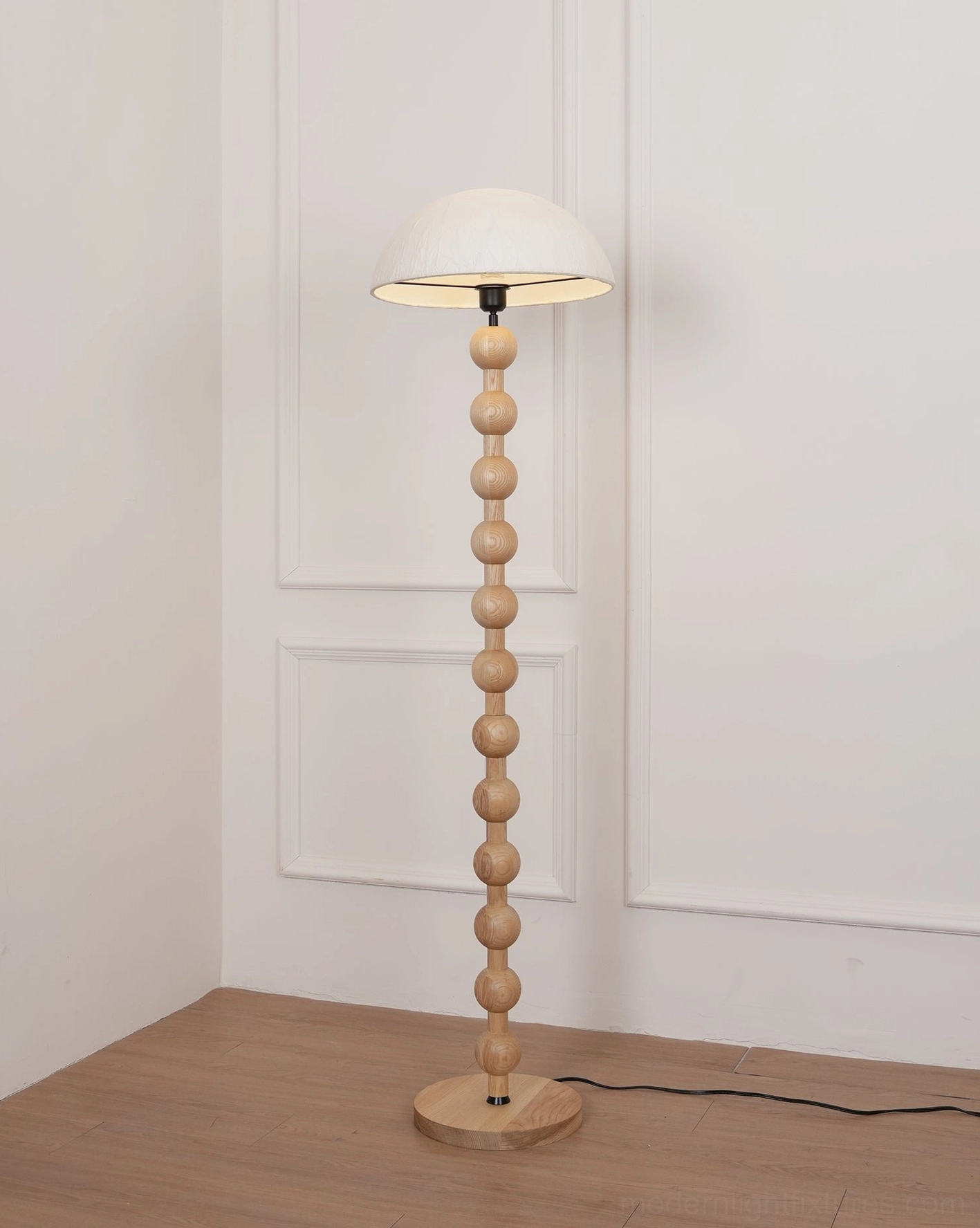 Beaded floor lamp detail shot wooden sphere construction craftsmanship