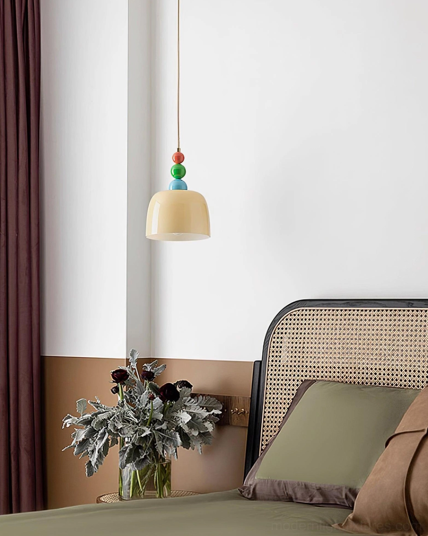 Colorful beaded hanging lamp in contemporary home office and creative workspace