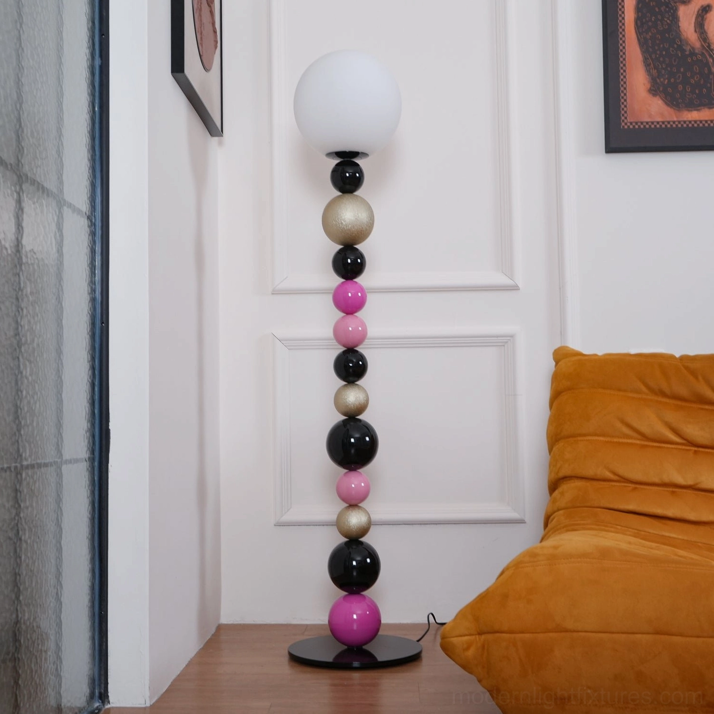 Multicolor beaded ball floor lamp detail view showing individual sphere elements and construction quality