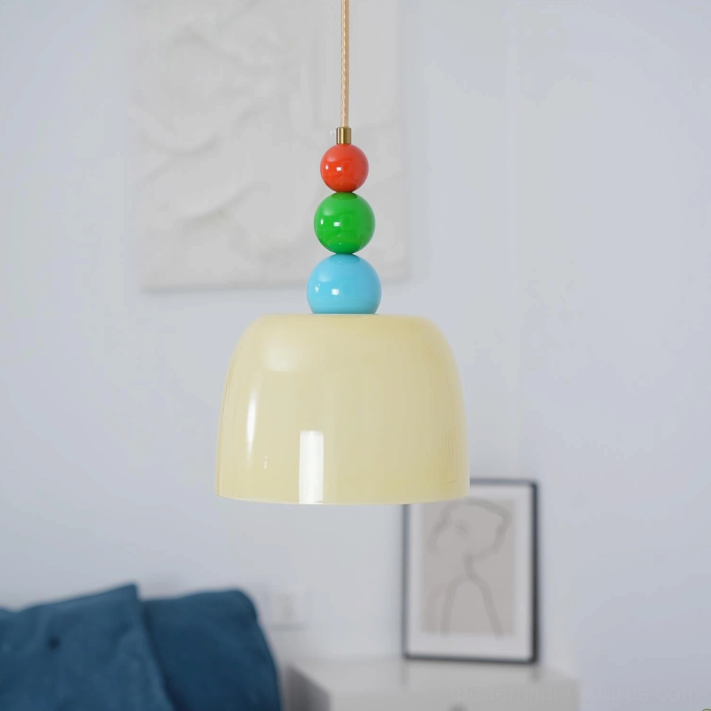 Colorful beaded pendant light in contemporary living room with eclectic home décor