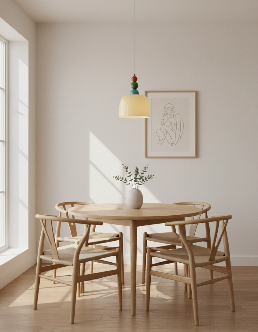 Single beaded pendant lamp illuminating wooden dining table in contemporary home setting
