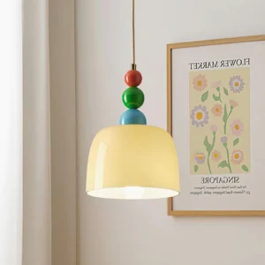 Modern beaded hanging lamp in Nordic style interior with minimalist décor and soft ambient lighting