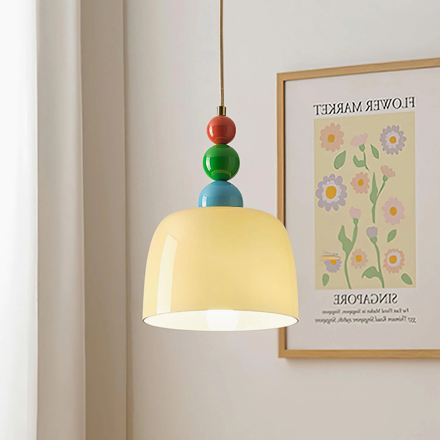 Modern beaded hanging lamp in Nordic style interior with minimalist décor and soft ambient lighting