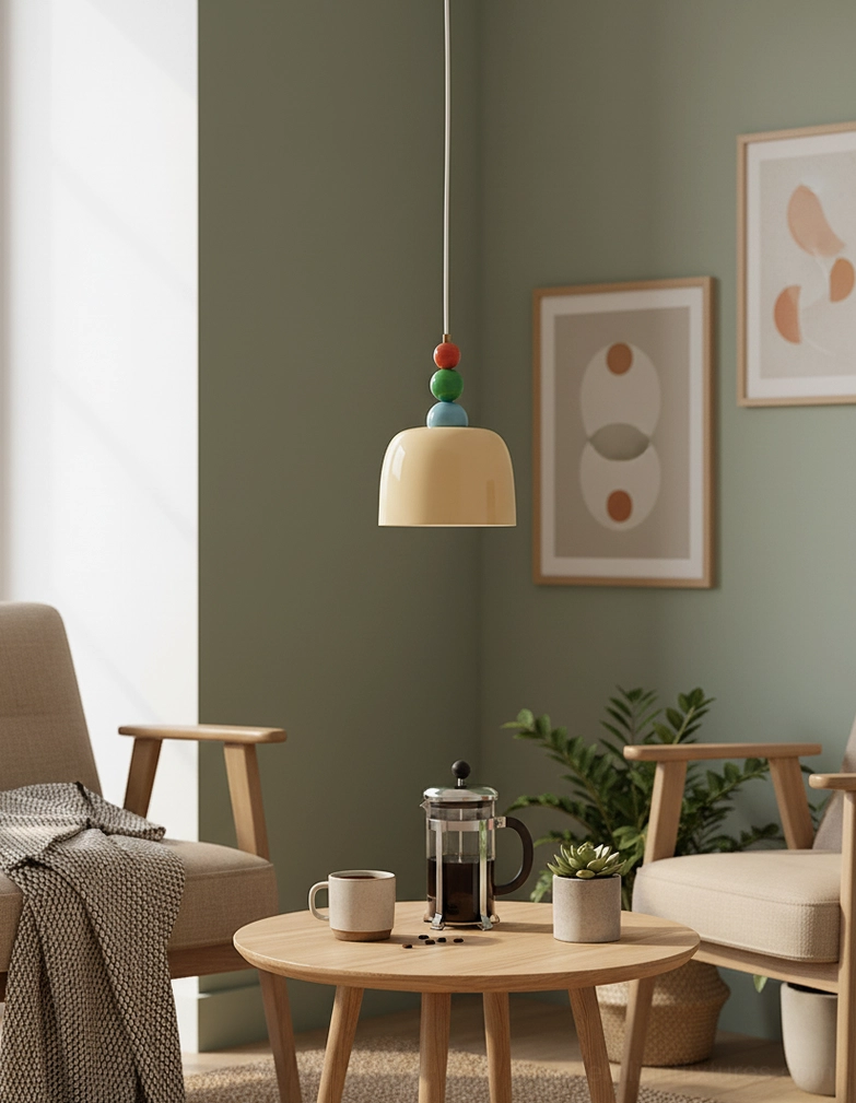 Beaded pendant lamp creating soft diffused light in minimalist residential interior