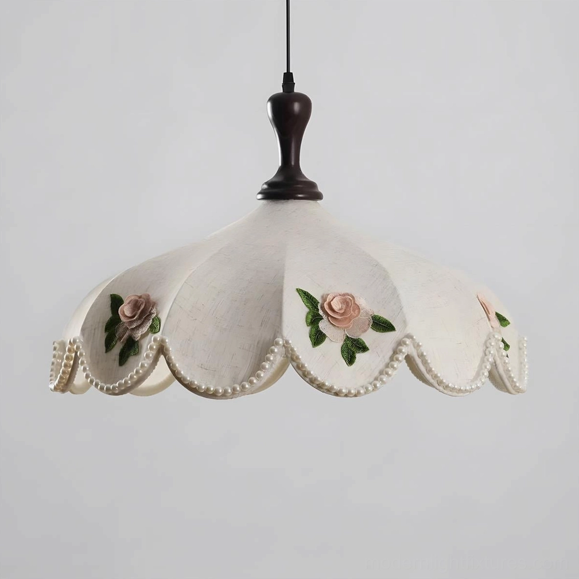 Beaded scalloped trim embroidered floral pendant light with dark wooden ceiling fixture - detailed side studio view