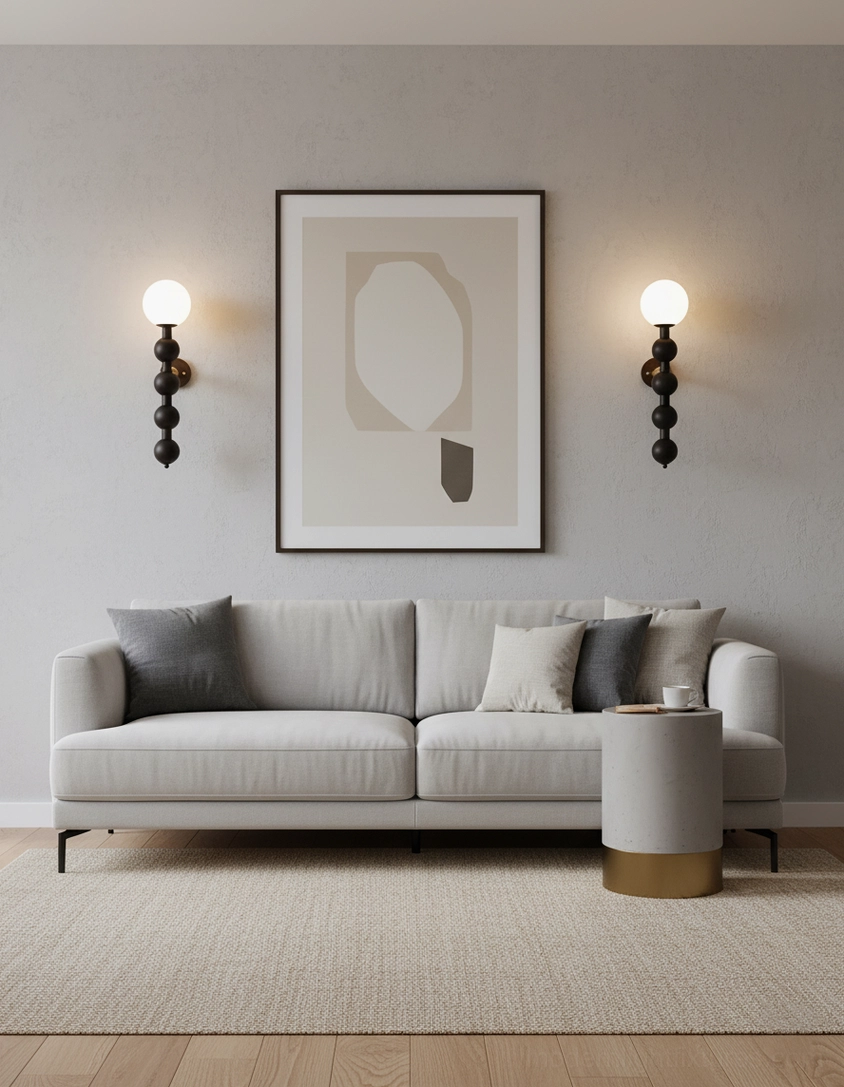 Beaded globe wall lamp in black finish mounted on white wall with clean geometric lines