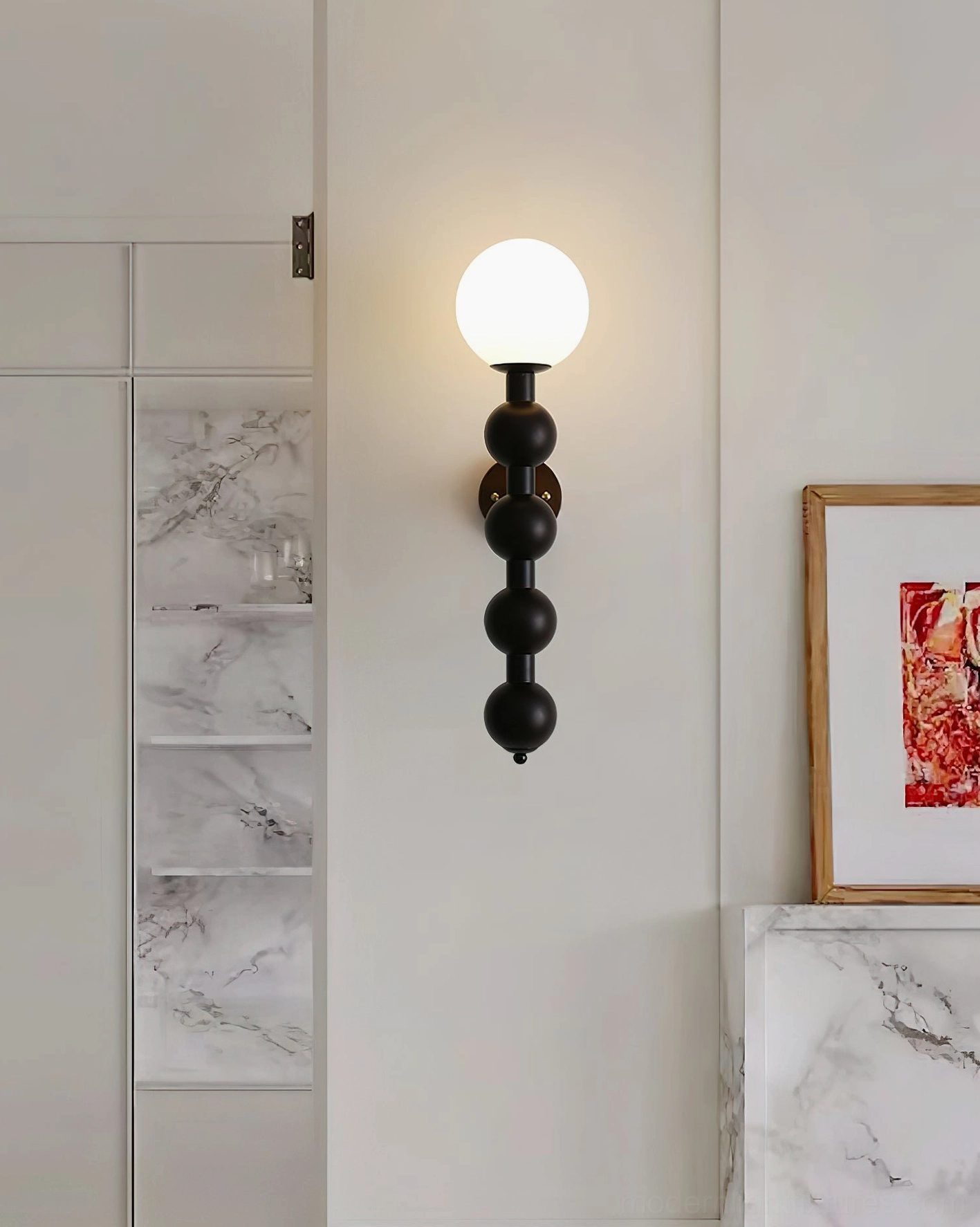 Beaded wall sconce in multiple finish options: walnut, black, white, and gold coordinated display