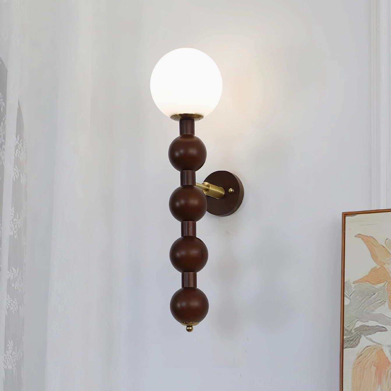 Beaded globe wall lamp in walnut color finish, front facing product view