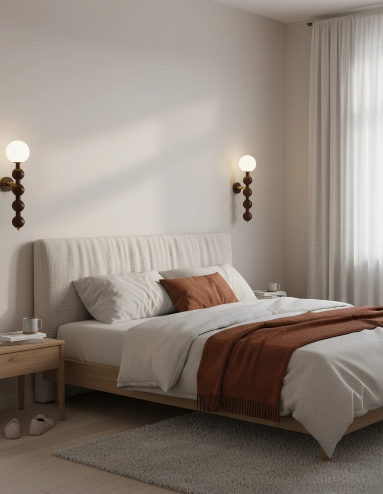 Beaded globe wall sconce showing craftsmanship of wooden bead construction and glass shade