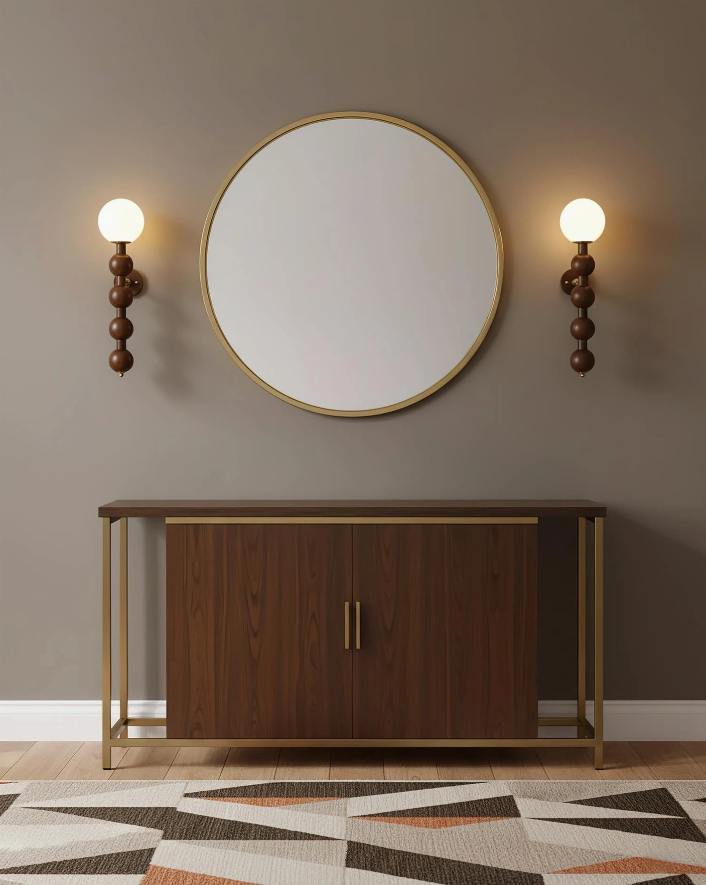 Beaded wall sconces in modern entryway with round mirror and wooden console furniture