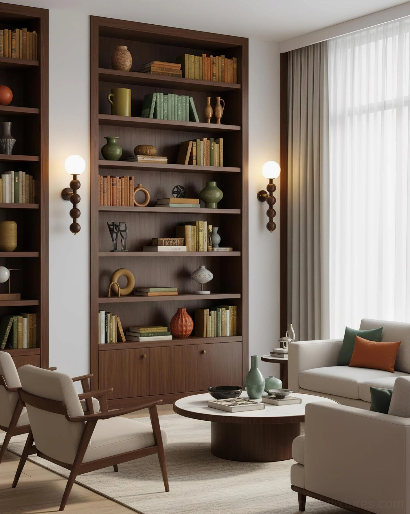 Beaded wall lamps in vintage study room with built-in bookshelves providing ambient accent lighting