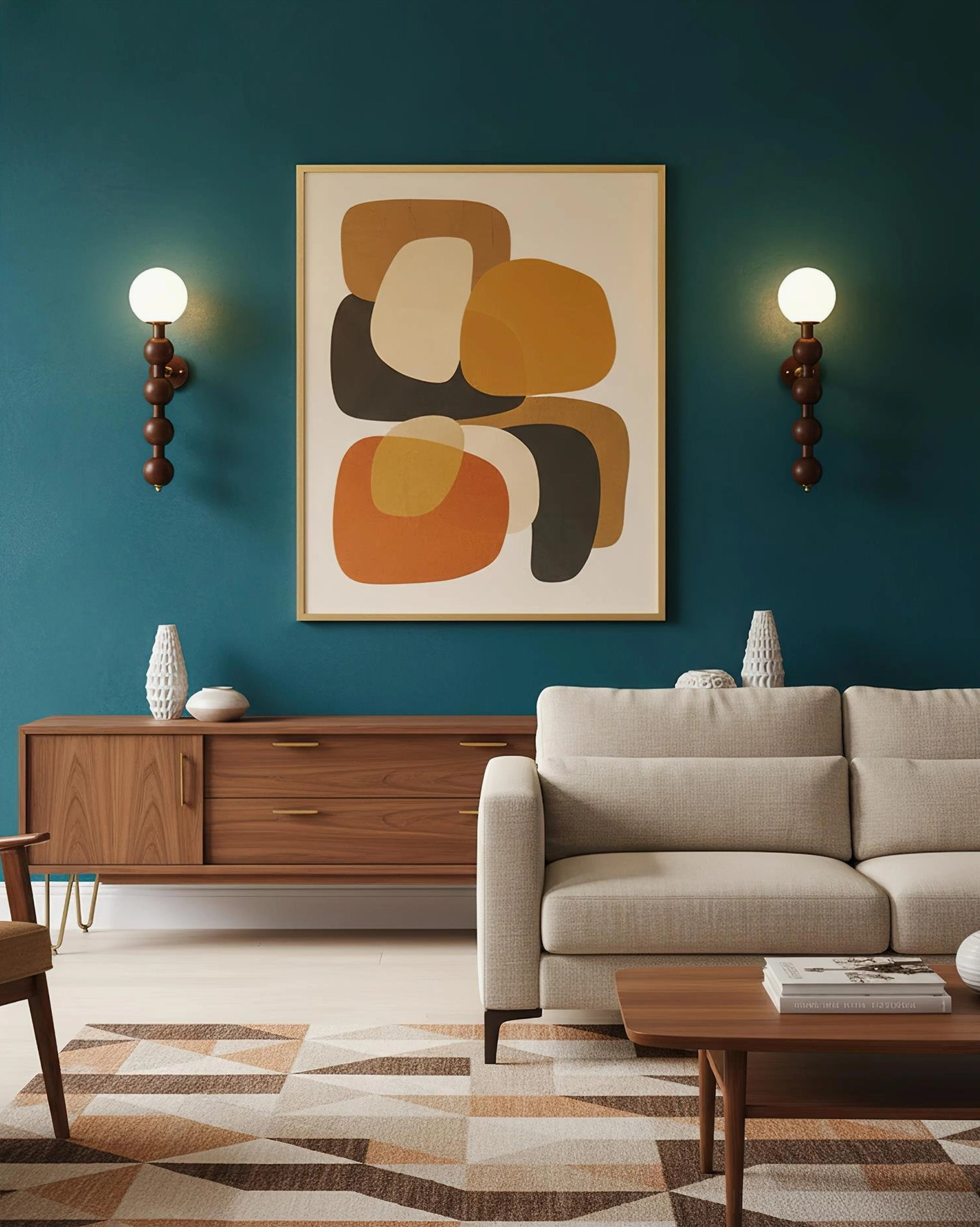 Beaded globe wall sconces in mid-century modern living room with teal wall and abstract art