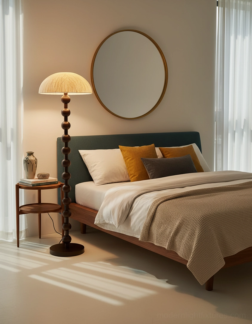 Beaded wood floor lamp with rice paper shade minimalist modern aesthetic