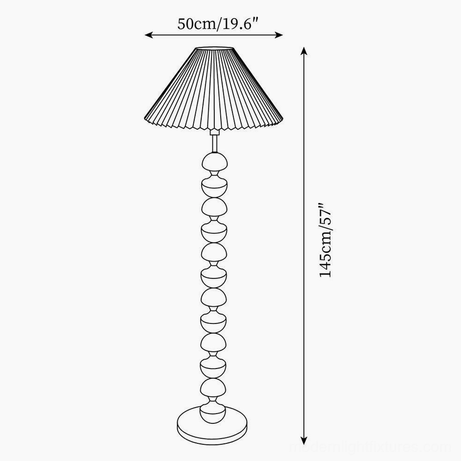 Technical orthographic line drawing of beaded wood floor lamp showing overall dimensions 145cm height and 50cm shade diameter