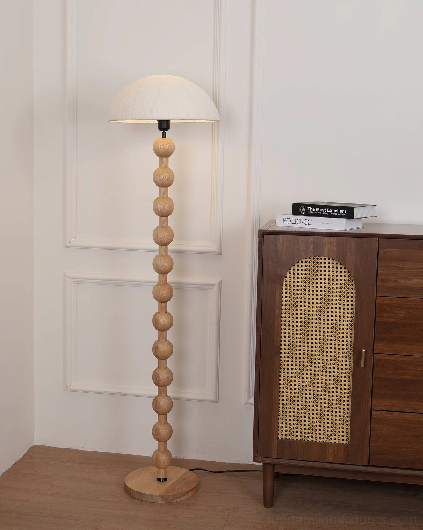 Beaded wood floor lamp with white rice paper dome shade studio product image