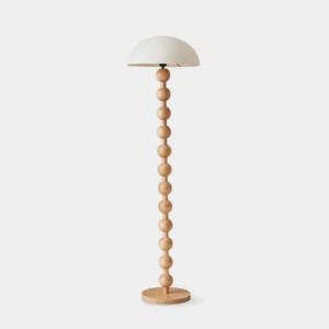 Beaded wood floor lamp with white rice paper shade - front view studio shot