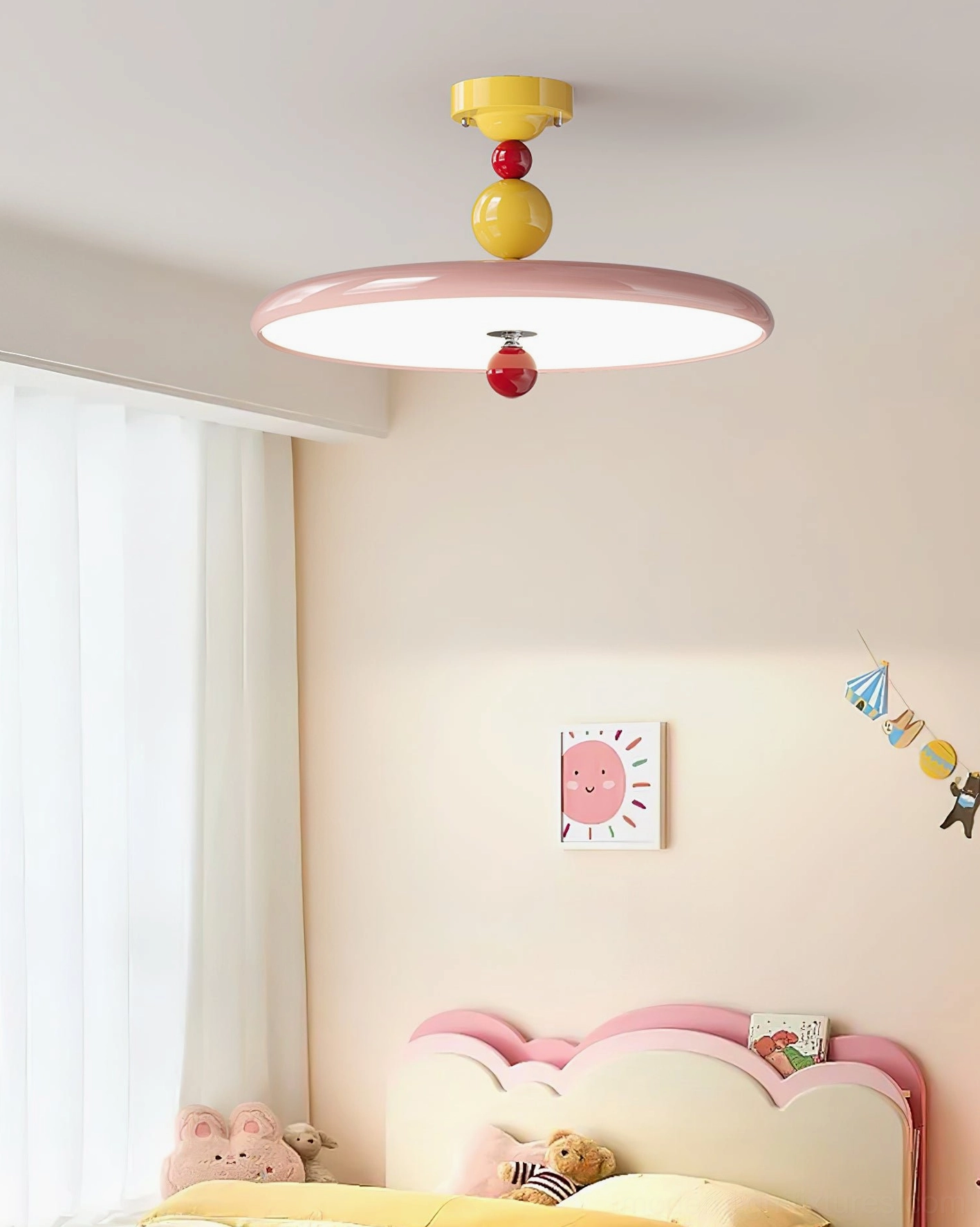 Pink-rimmed Beadline modern ceiling light in kids bedroom, playful decorative fixture