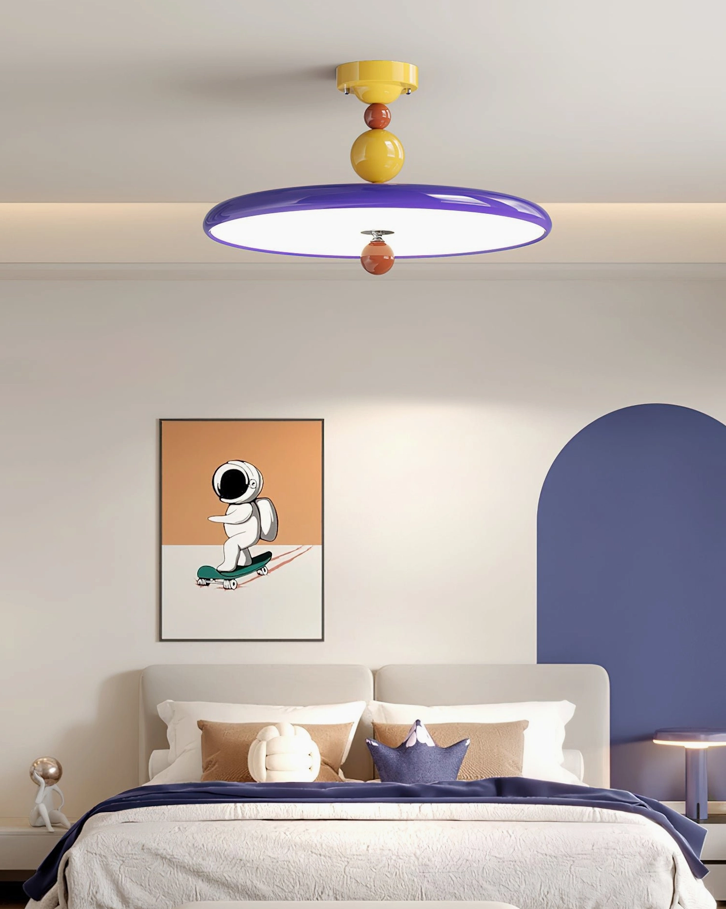 Purple-rimmed Beadline decorative ceiling light in modern bedroom with blue decor