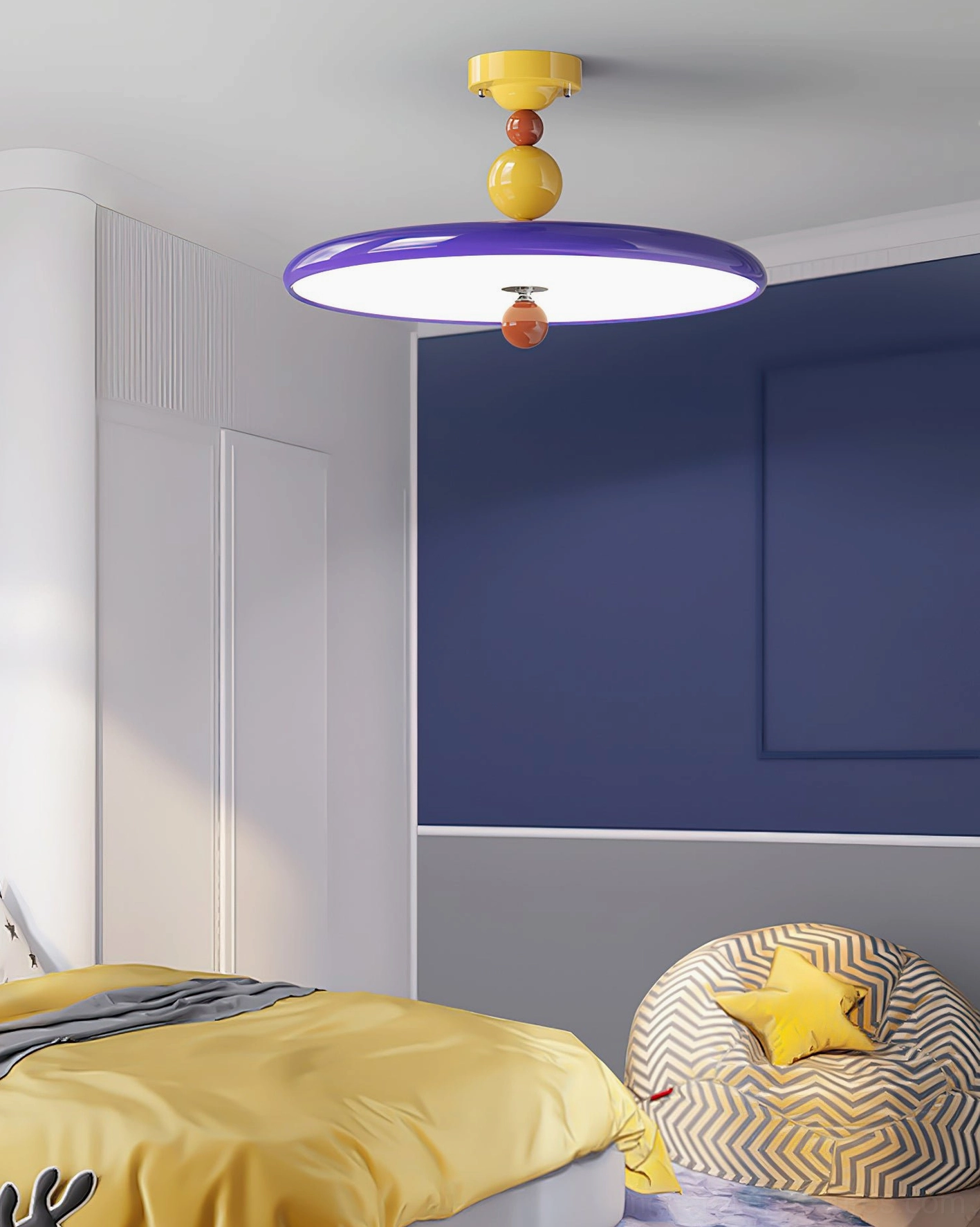 Beadline purple ceiling light fixture in children's bedroom with playful yellow bedding