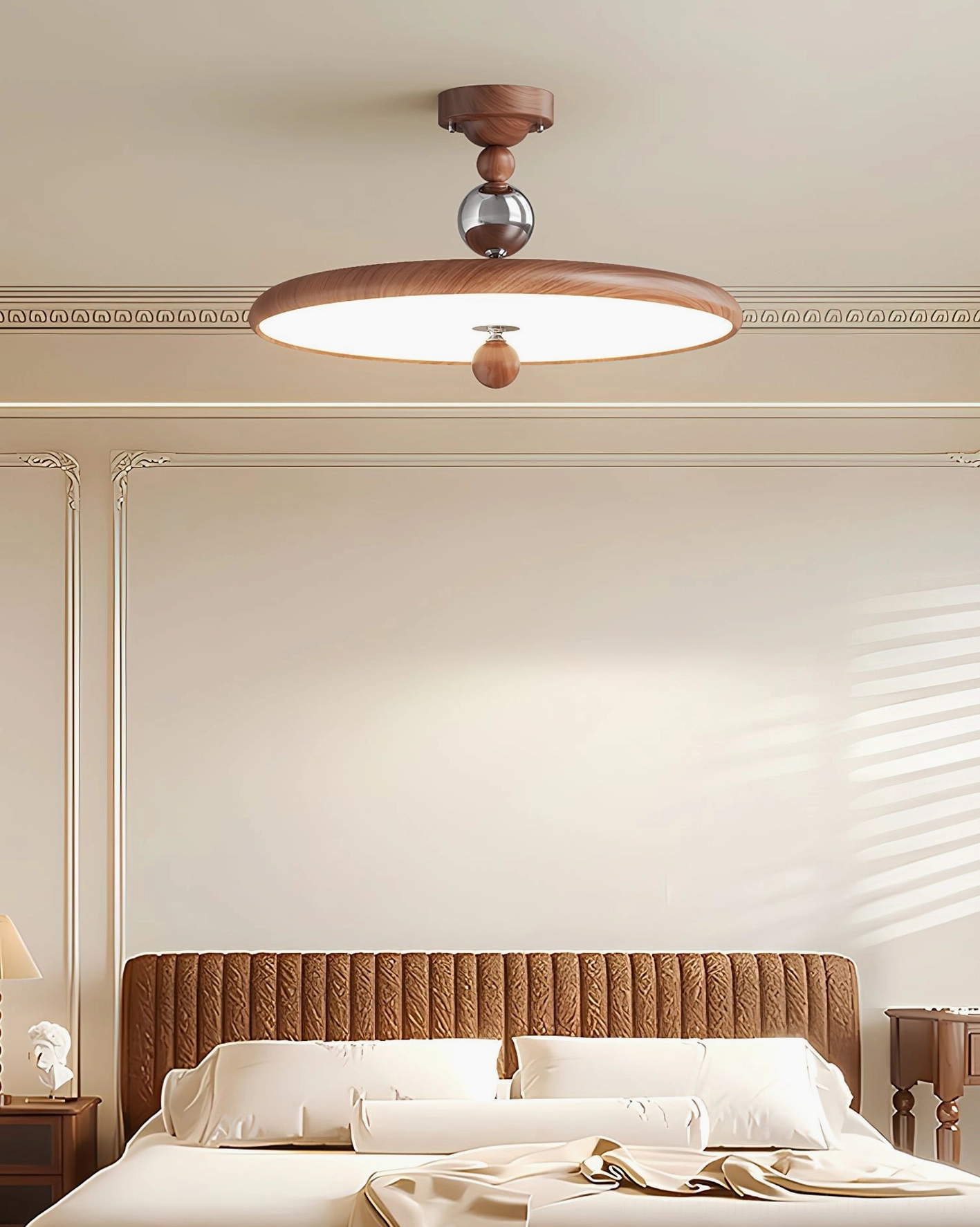 Walnut Beadline ceiling light fixture in French classic bedroom, warm retro minimalist style