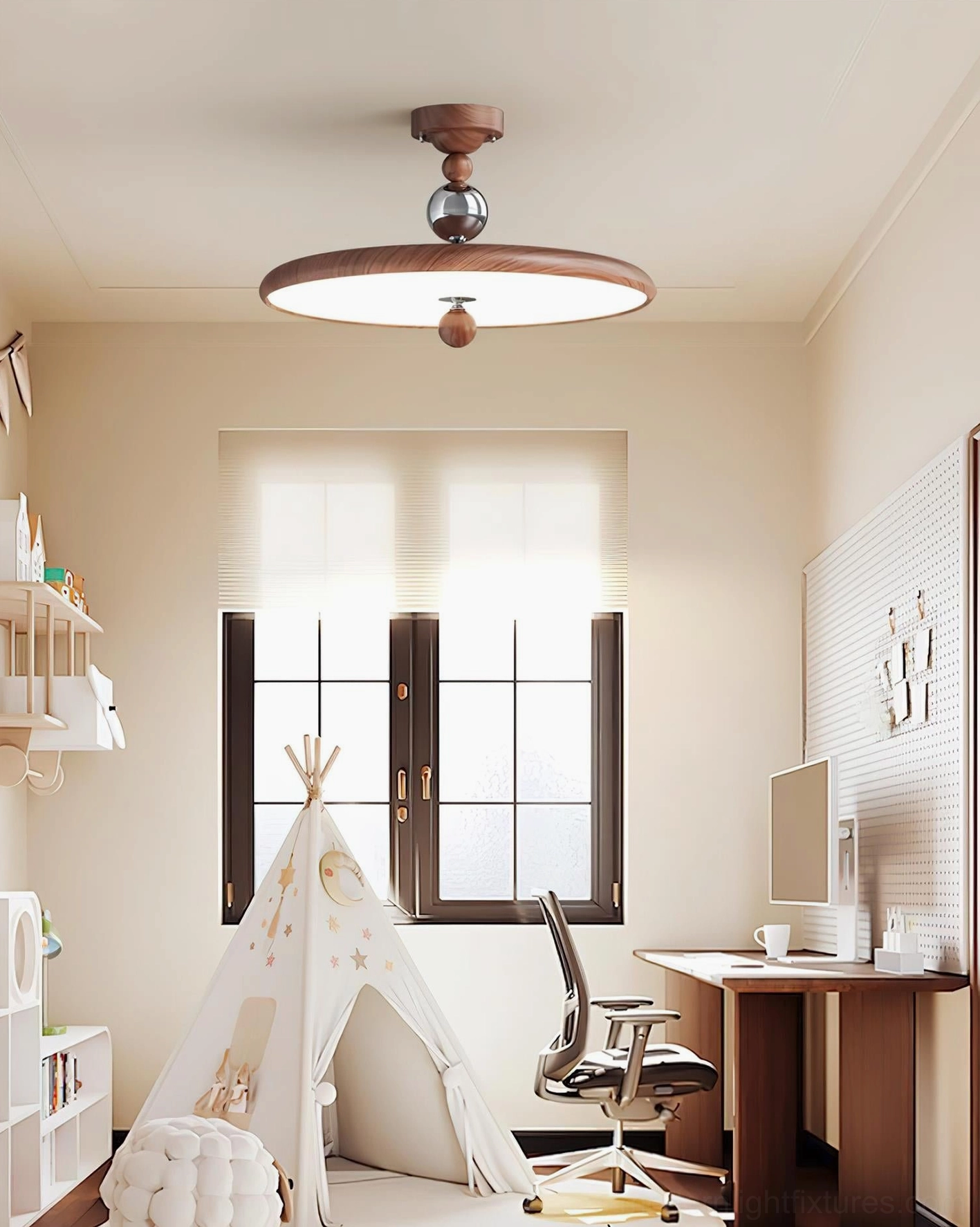 Walnut Beadline warm neutral ceiling light in home study space with play tent