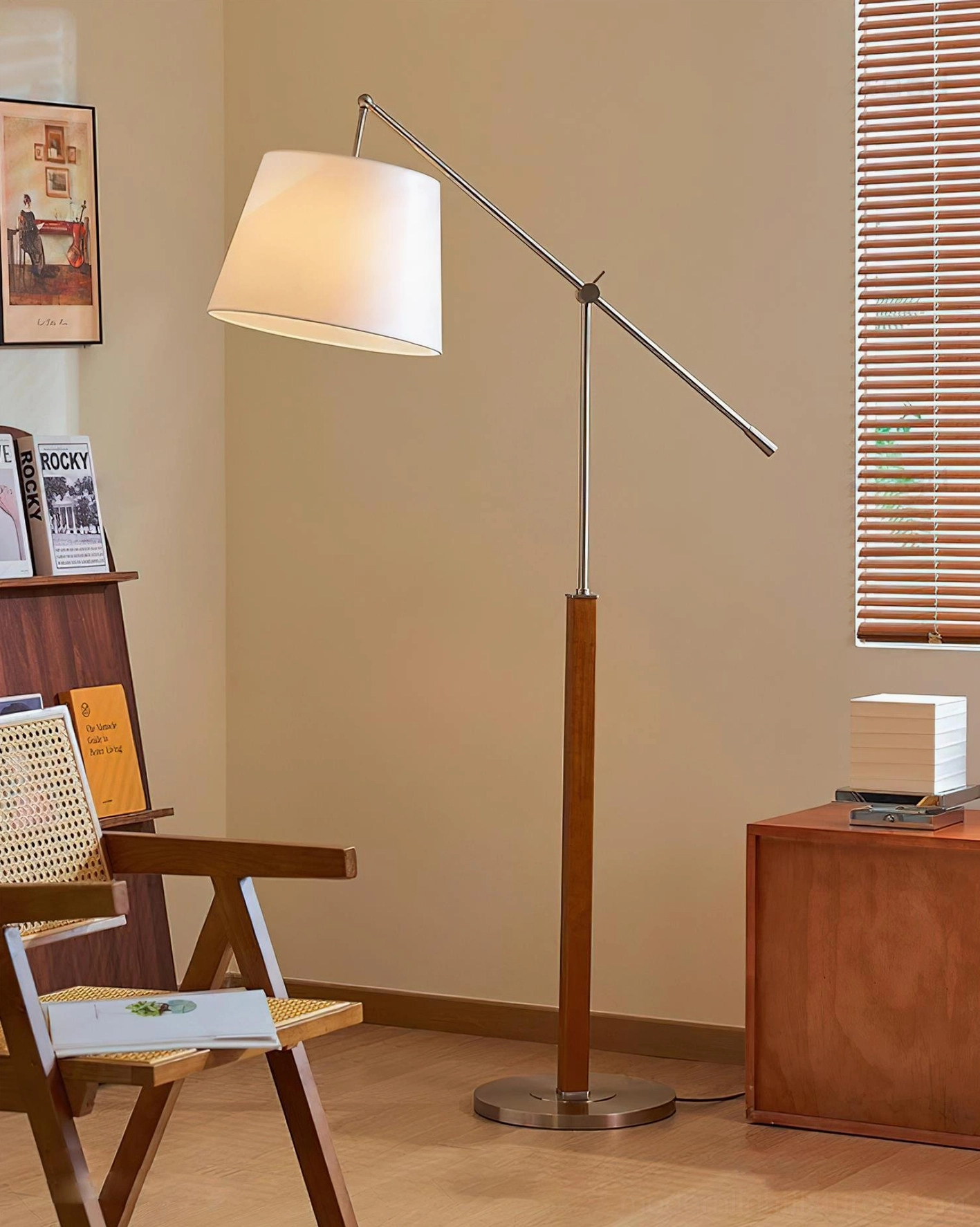 Beamline cantilever floor lamp side view in vintage study room with adjustable swing arm design
