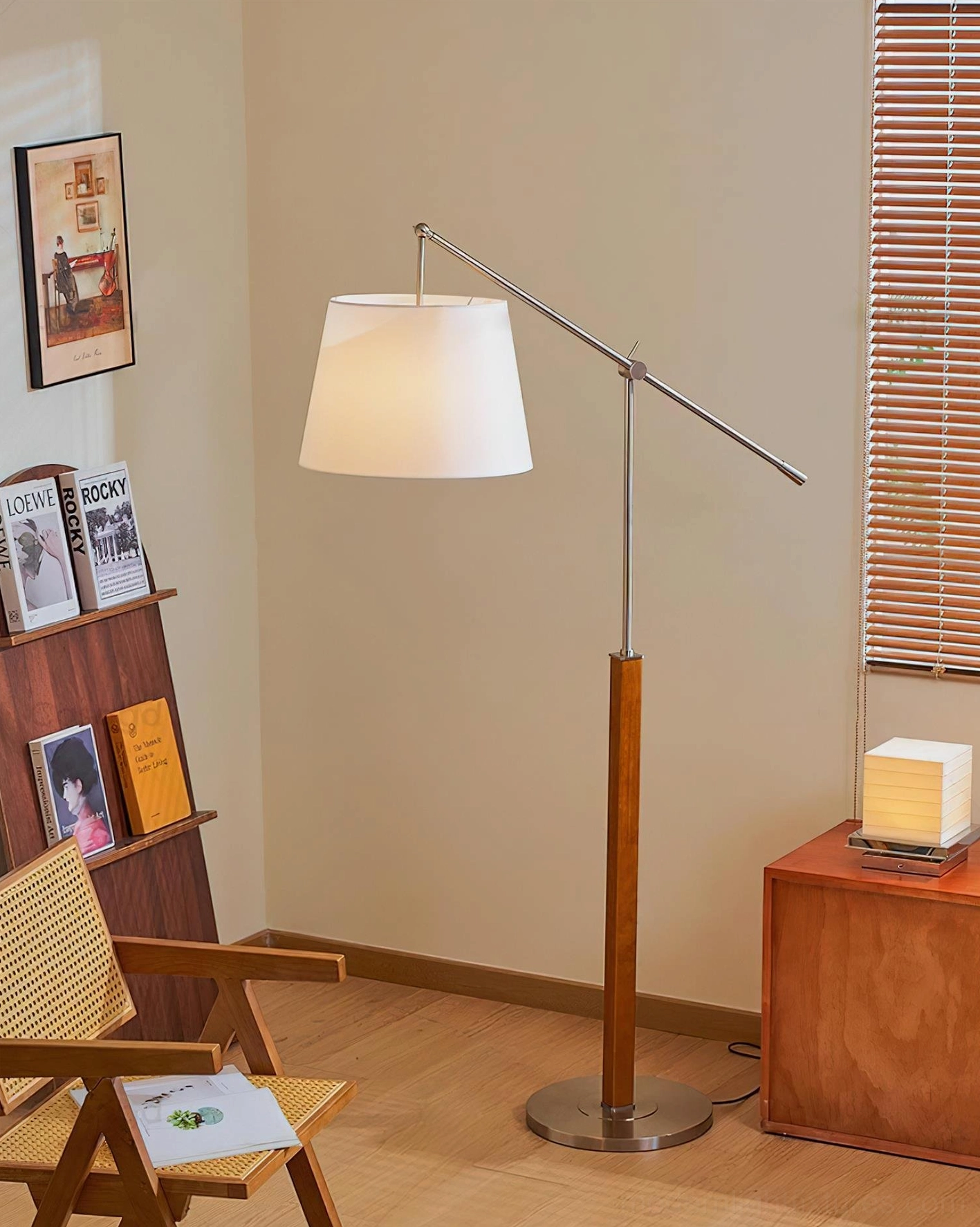 Beamline mid-century modern floor lamp alternate side angle in retro residential interior