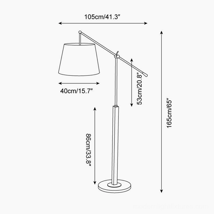 Beamline floor lamp Model B technical drawing orthographic view with dimension specifications