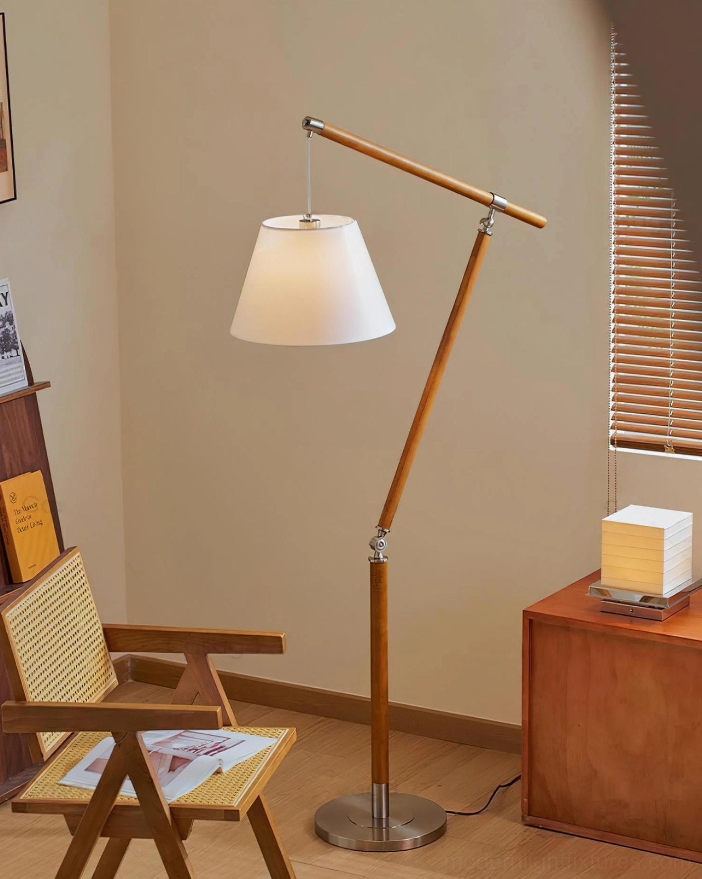 Beamline floor lamp side profile highlighting walnut wood construction and chrome metal accents