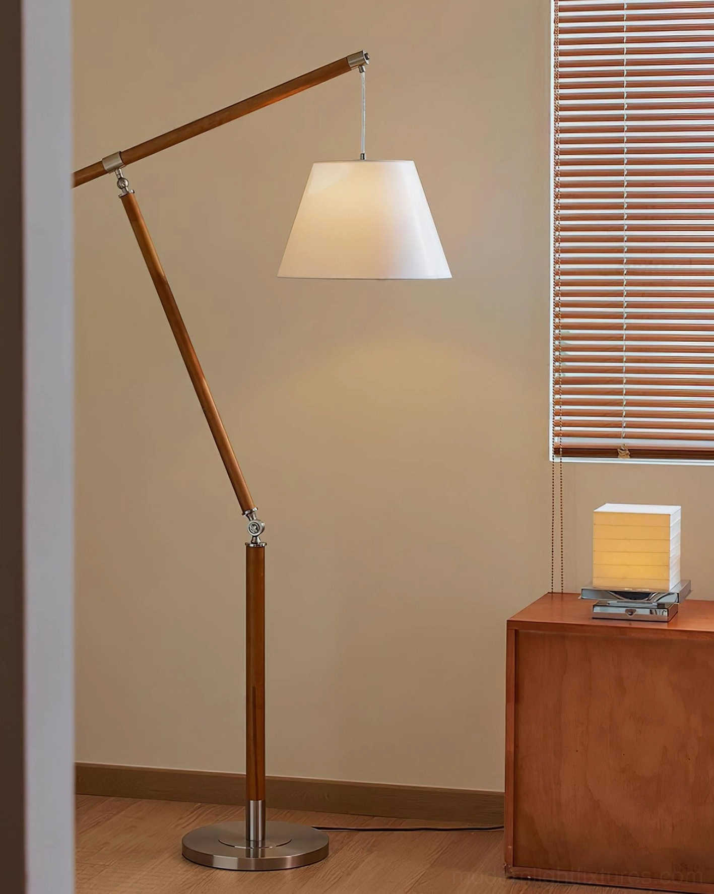 Beamline modern floor lamp full wooden swing arm with silver metal base and locking joint detail