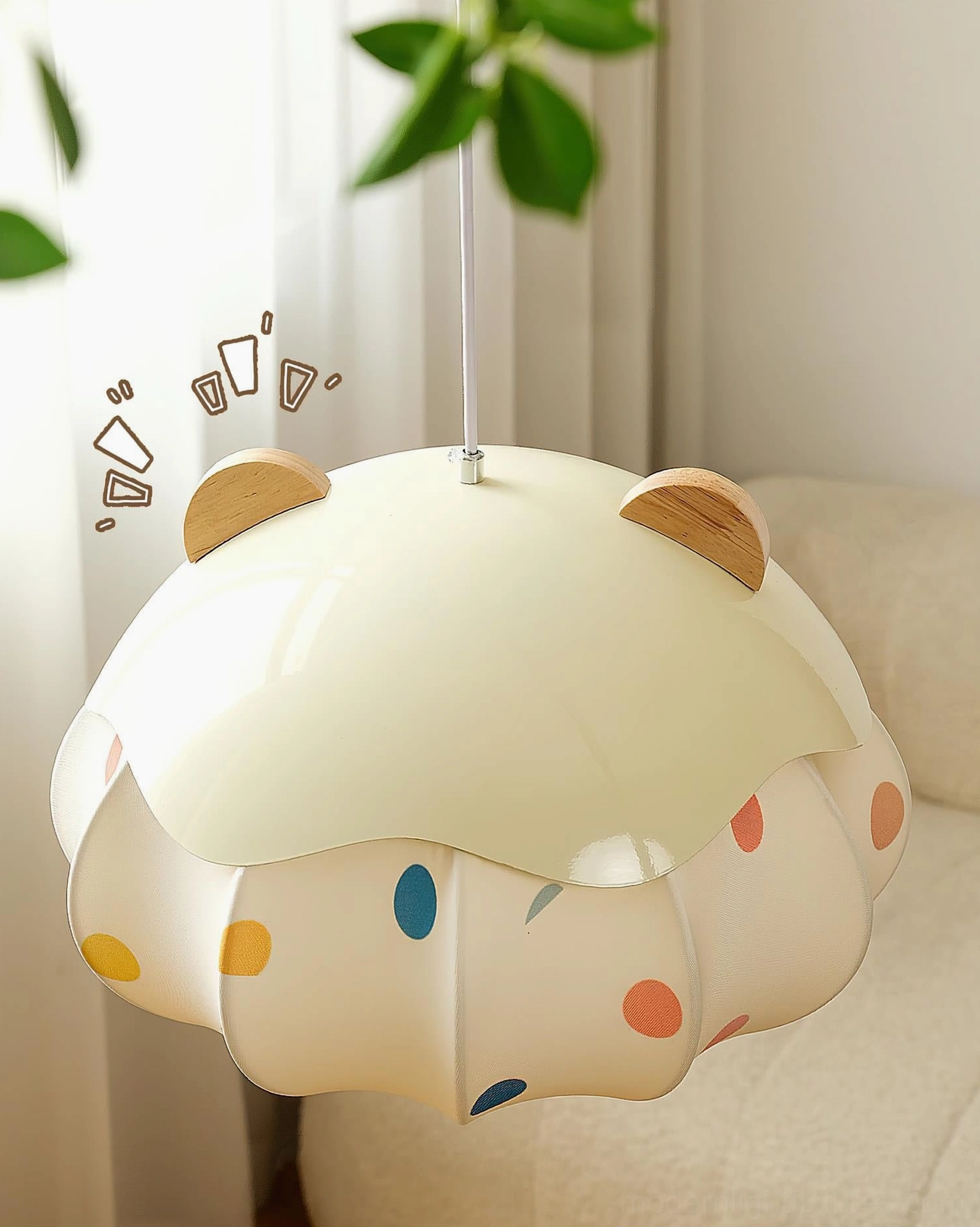 Bear Bubble kids pendant lamp demonstrating soft light diffusion through premium fabric shade material