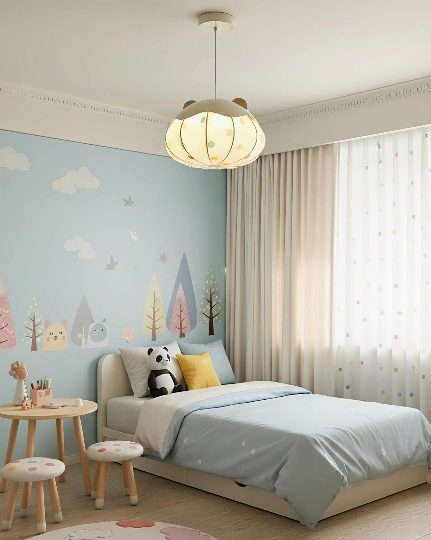 Bear Bubble pendant light hanging in cozy kids bedroom with forest wall decals, warm ambient glow above bed