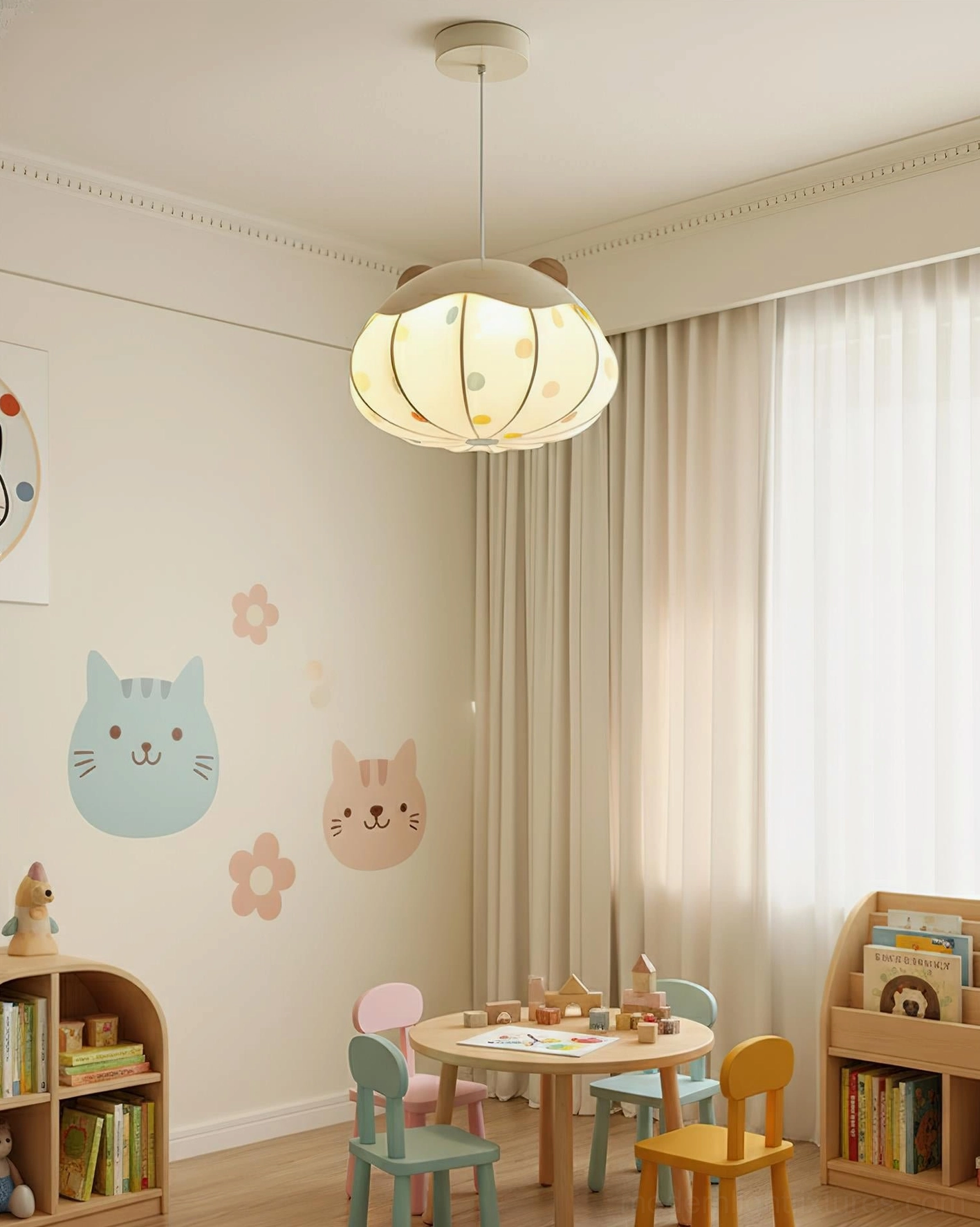 Bear Bubble pendant light in minimalist kids playroom with cat wall decals, soft natural warm lighting ambiance