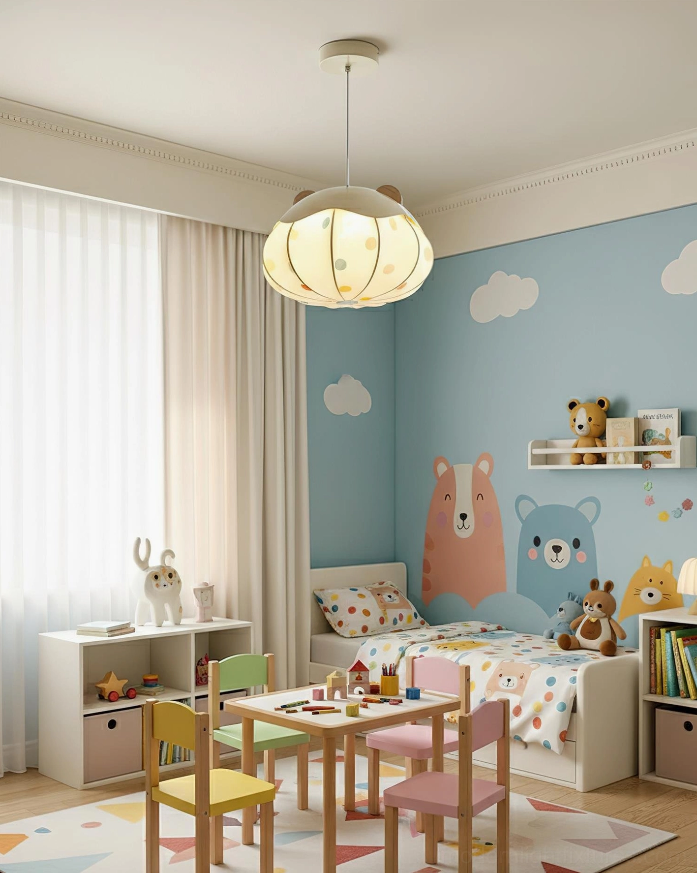 Bear Bubble pendant hanging in woodland-themed kids bedroom with animal wall decals and cozy warm lighting