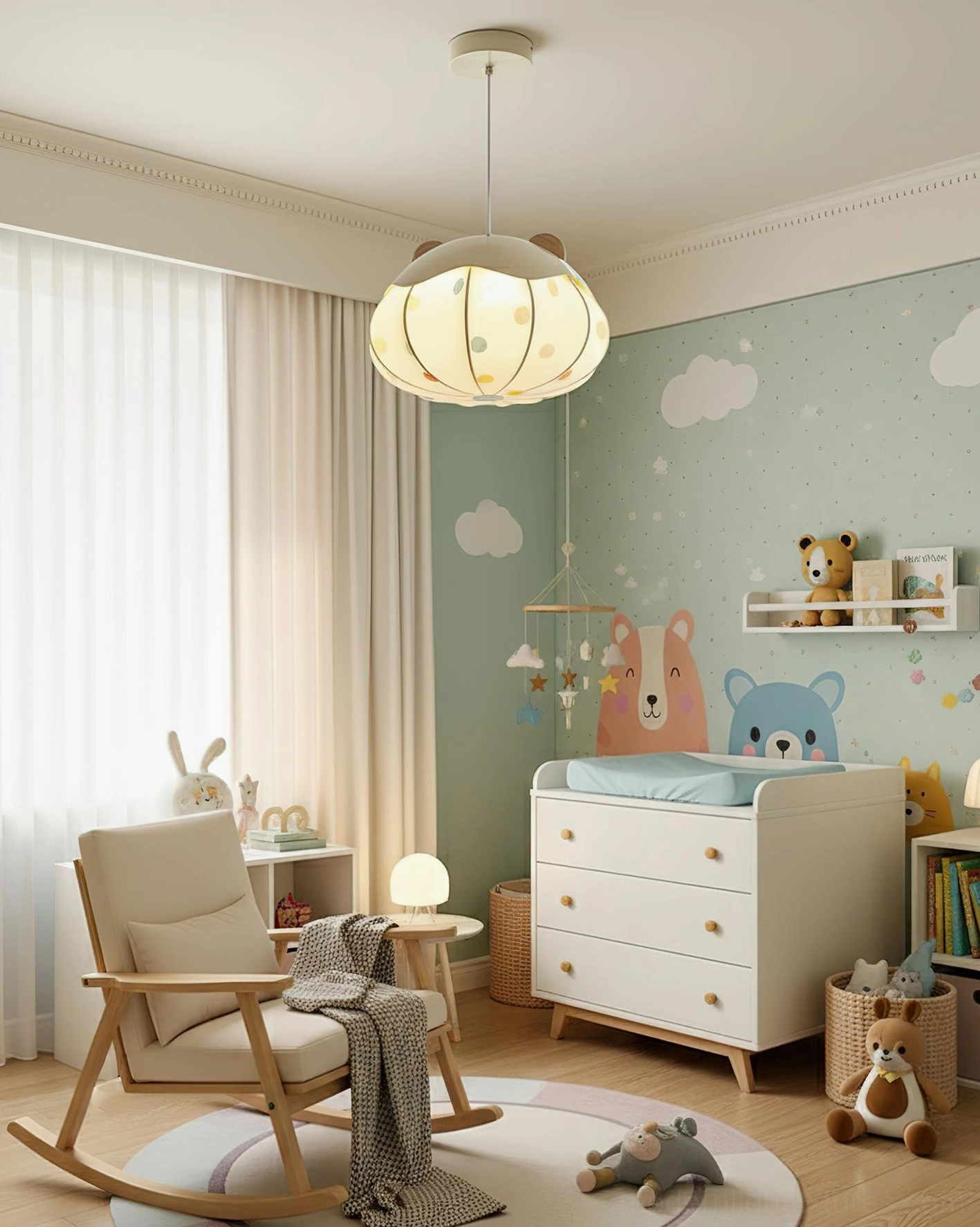 Bear Bubble fabric pendant light in soft neutral nursery with dresser and rocking chair, warm white 3000K glow