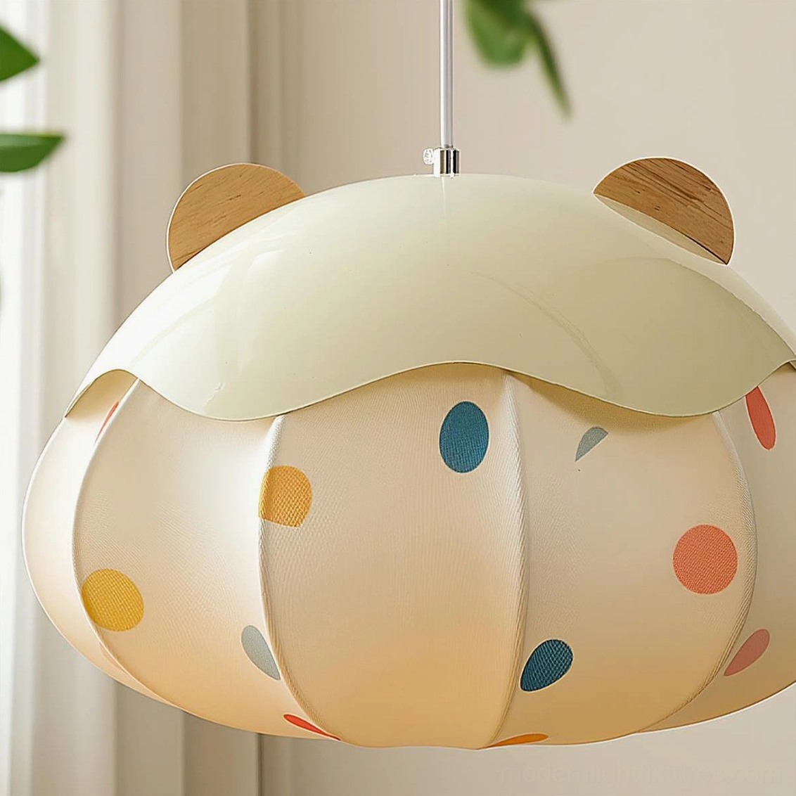 Bear Bubble pendant light showing beige and wood color finish with cute bear ear design elements
