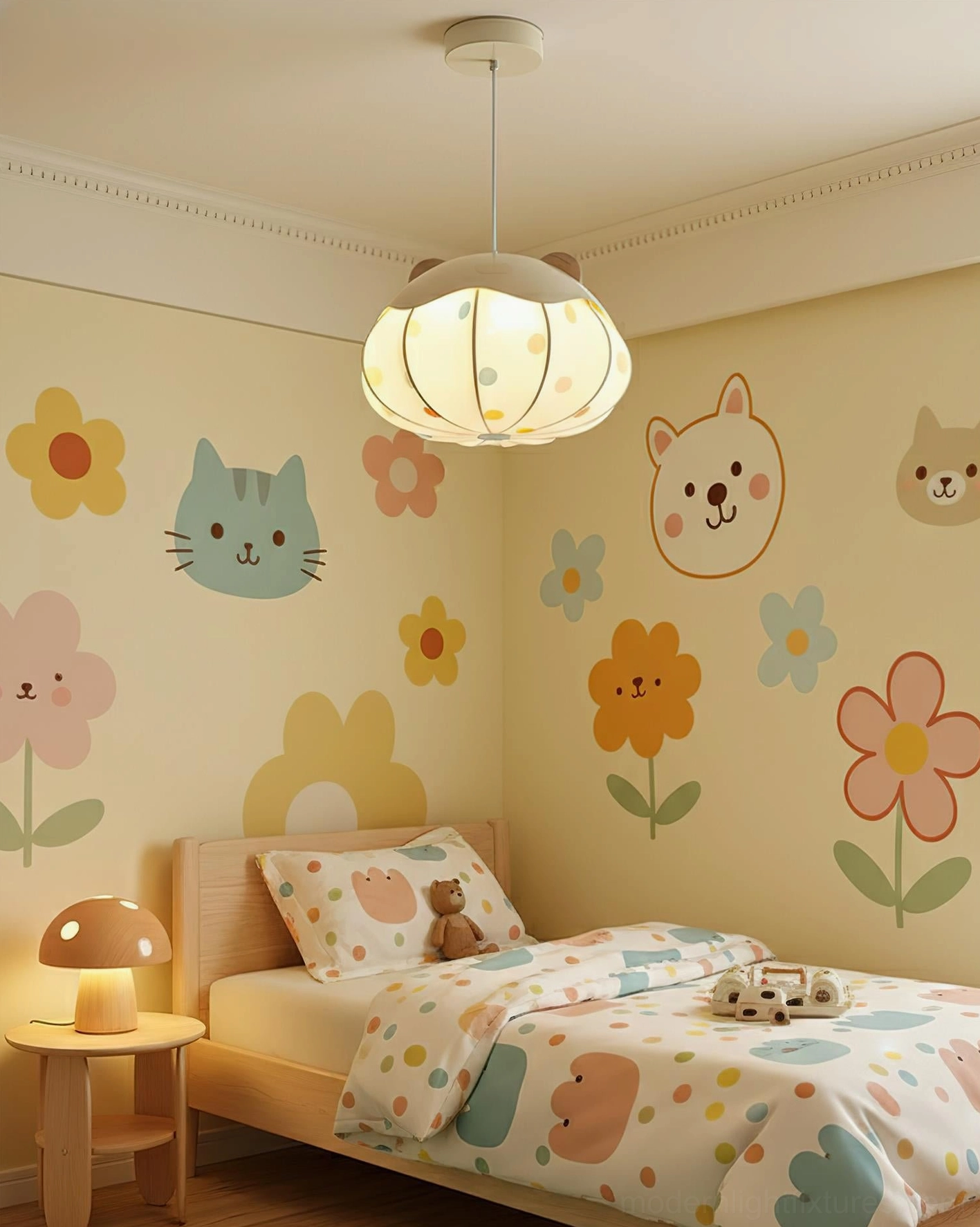 Bear Bubble fabric pendant light detail view showing beige color, pastel dot pattern, and light diffusion through shade