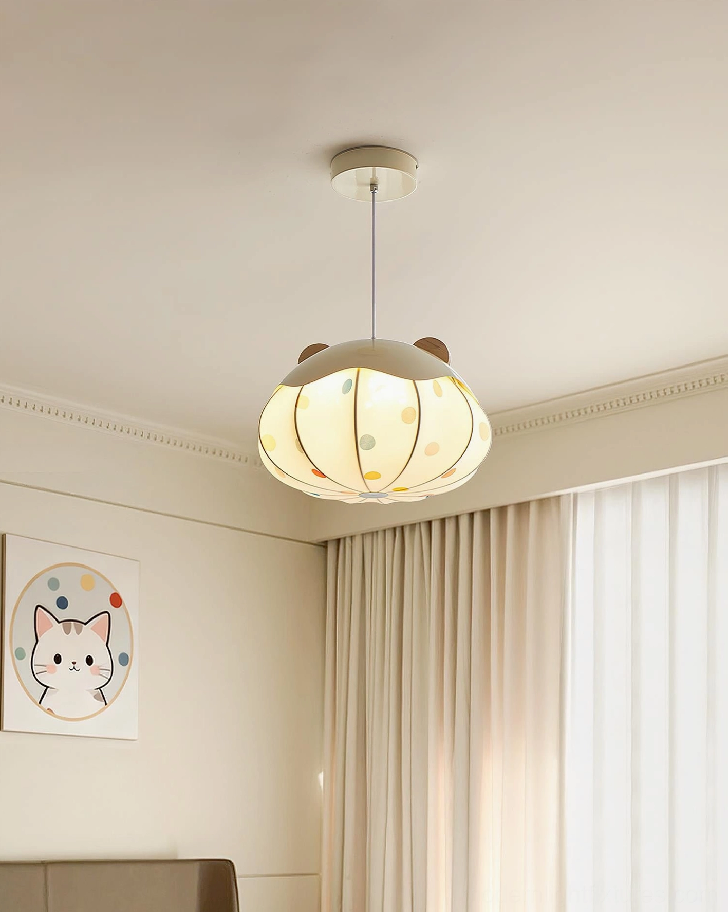 Bear Bubble modern kids pendant light showing metal and wood frame construction with integrated LED technology