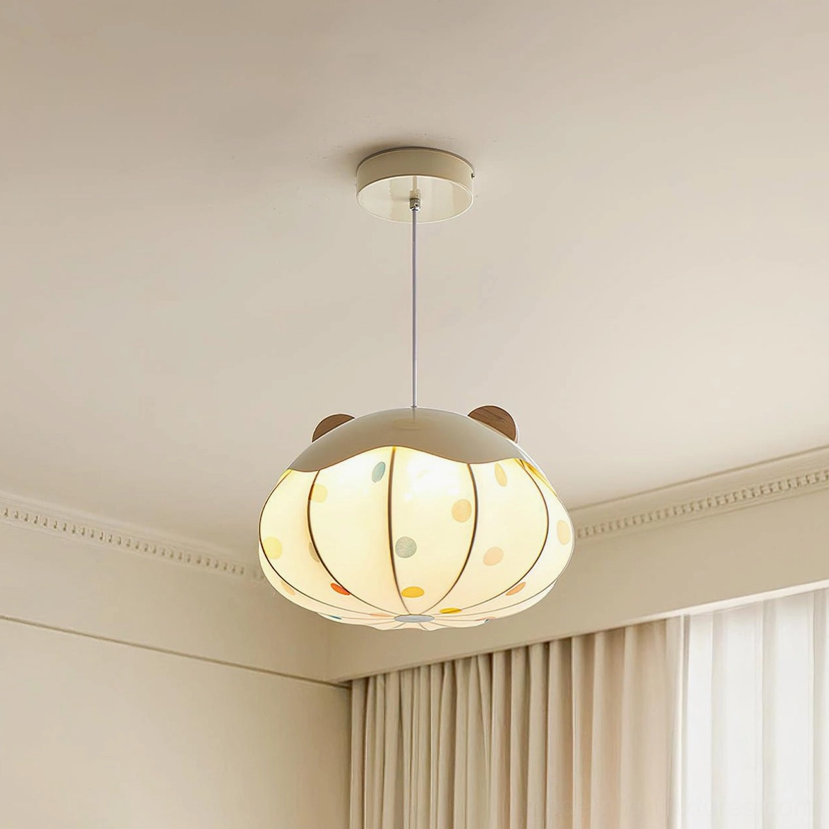 Bear Bubble fabric pendant light in beige and wood color, 40cm diameter, integrated LED 50000-hour lifespan