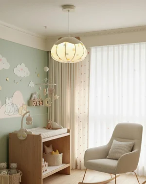 Bear Bubble fabric pendant lamp installed in modern nursery with changing table, soft warm 3000K lighting in neutral room