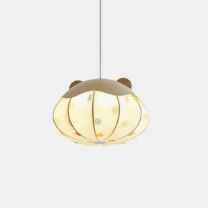 Bear Bubble pendant light with beige fabric and pastel dot details, overhead studio view showcasing pumpkin lantern shape with bear ears