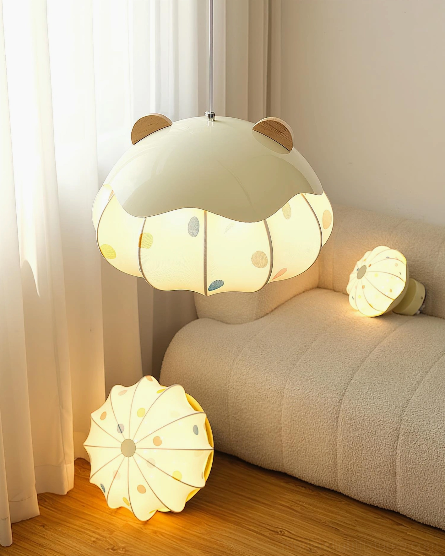 Bear Bubble fabric pendant creating warm 3000K ambient glow in contemporary kids bedroom interior design
