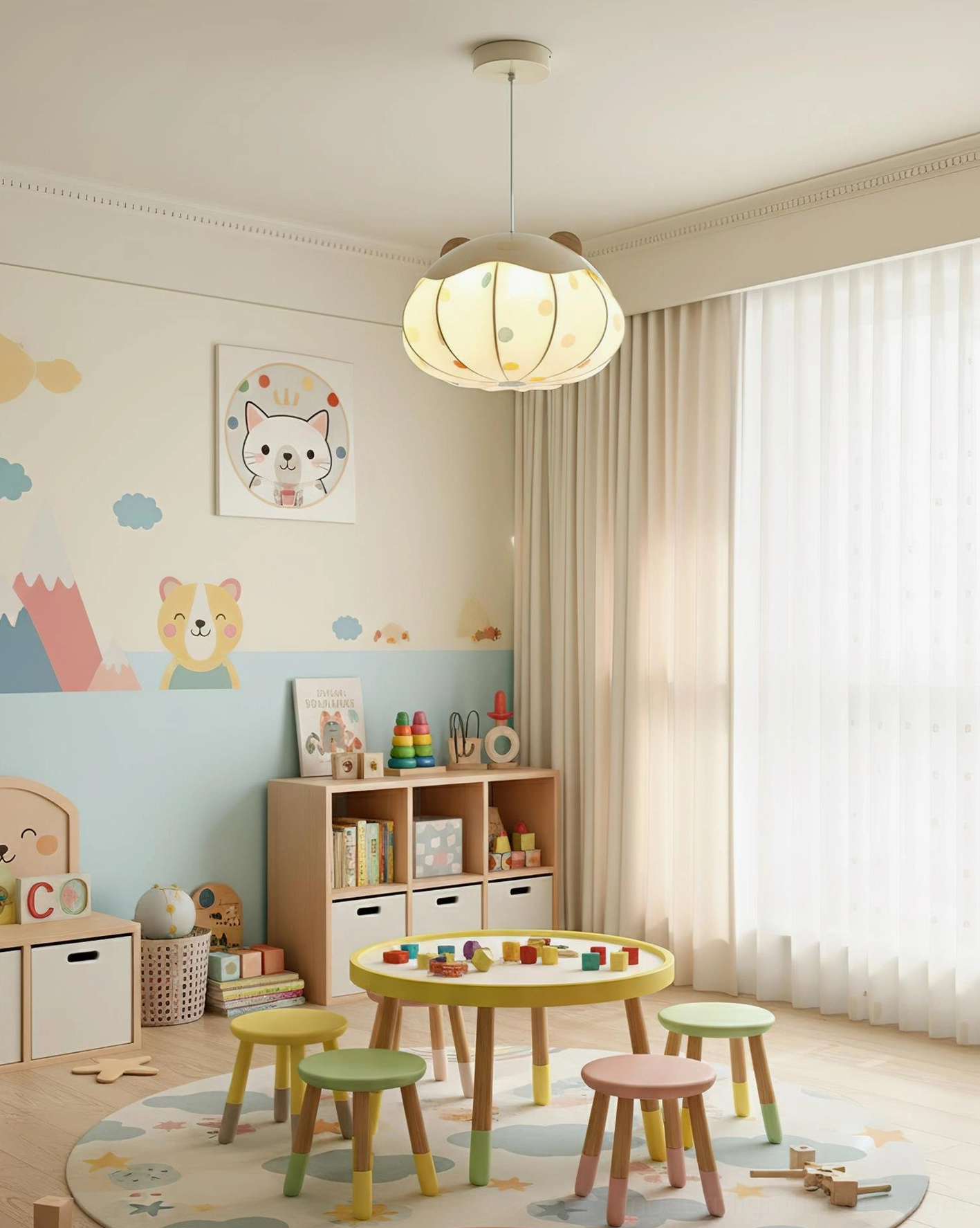 Bear Bubble hanging lamp in bright playroom setting with activity table and cartoon wall art, soft warm illumination